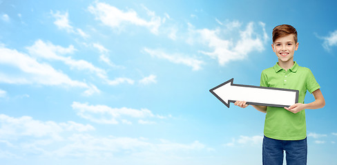 Image showing happy boy holding white blank arrow banner