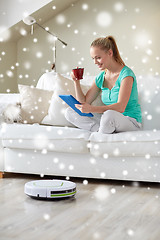 Image showing happy woman with tablet pc drinking tea at home