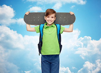 Image showing happy student boy with backpack and skateboard