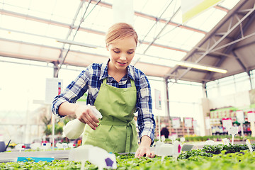 Image showing woman with sprayer and seedling in greenhouse