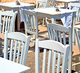 Image showing table in santorini europe greece old restaurant chair and the su