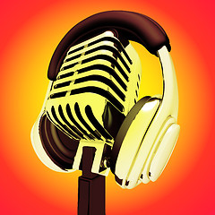 Image showing Microphone And Headphones Shows Recording Studio Or Performing