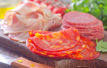 Image showing sausages,ham and salami on board