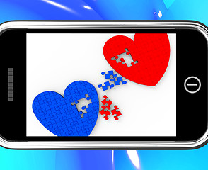 Image showing Two Hearts On Smartphone Shows Marriage