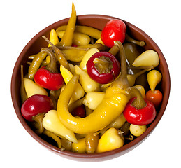 Image showing Mix of hot turkish marinated peppers in ceramic bowl