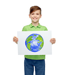 Image showing happy boy holding drawing or picture of earth