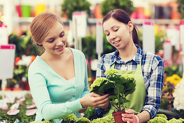 Image showing happy women choosing flowers in greenhouse