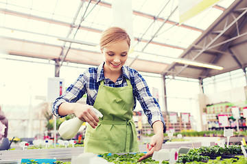 Image showing woman with sprayer and seedling in greenhouse