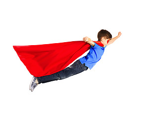 Image showing boy in red superhero cape and mask flying on air