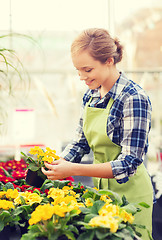 Image showing happy woman holding flowers in greenhouse