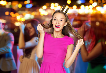Image showing happy young woman or teen girl in pink dress