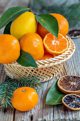 Image showing Basket with citrus and spruce branches.