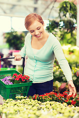 Image showing happy woman with shopping basket choosing flowers