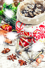 Image showing Christmas bag with pine cones