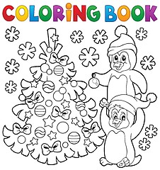 Image showing Coloring book penguins by Christmas tree