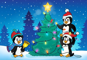Image showing Penguins near Christmas tree theme 4
