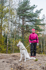 Image showing Woman with a white dog in a wood