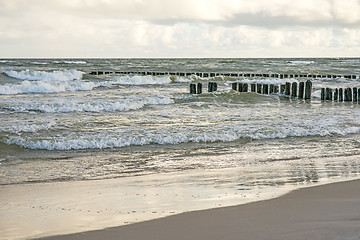 Image showing Baltic Sea with groyens and surf