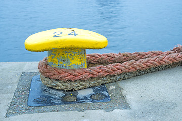 Image showing Bollard with mooring lines 