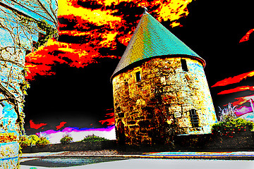 Image showing old odd castle tower with dramatic sky