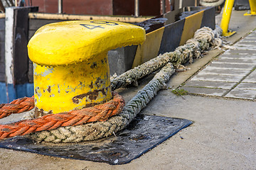 Image showing Bollard with mooring lines 