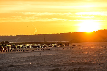 Image showing Sunrise over the Baltic Sea with groynes