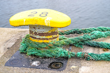 Image showing Bollard with mooring lines 