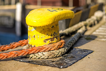 Image showing Bollard with mooring lines 