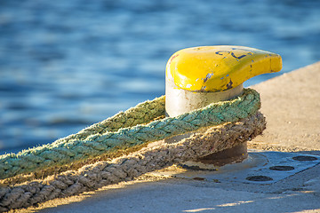 Image showing Bollard with mooring lines 