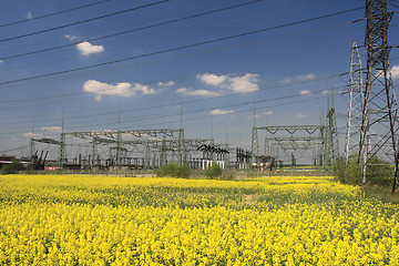 Image showing Electric pylons and farmland
