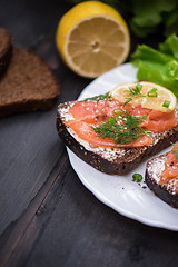 Image showing Sandwich with salmon for breakfast