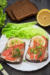 Image showing Sandwich with salmon for breakfast