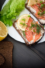 Image showing Sandwich with salmon for breakfast