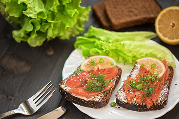 Image showing Sandwich with salmon for breakfast