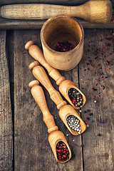 Image showing peppercorn in wooden spoons