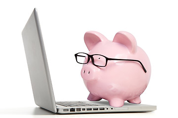 Image showing The pink pig and notebook computer