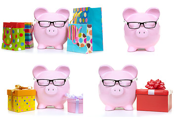 Image showing Pink pig and multicolored bags