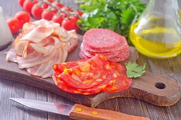 Image showing sausages,ham and salami on board