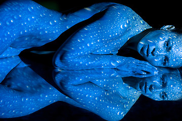 Image showing The  body of woman with blue pattern and its reflection