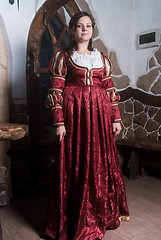 Image showing Attractive woman in red dress in retro baroque style