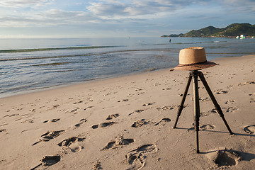 Image showing Beach on tropical island. Clear blue water, sand, clouds. 