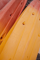 Image showing Colorful kayaks on beach in Thailand