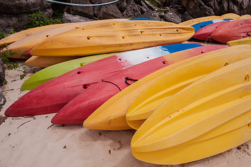 Image showing Colorful kayaks on beach in Thailand