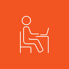 Image showing Student sitting on chair in front of laptop line icon.