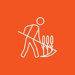 Image showing Man mowing grass with scythe line icon.