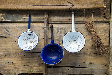 Image showing vintage metal dinnerware bowls flat dishes 