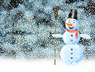 Image showing fabulous snowman snow and New Year tree 