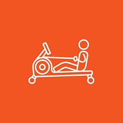Image showing Man exercising with gym apparatus line icon.