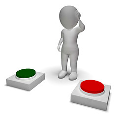 Image showing Choice Of Pushing Buttons 3d Character Shows Indecision