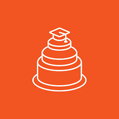Image showing Graduation cap on top of cake line icon.